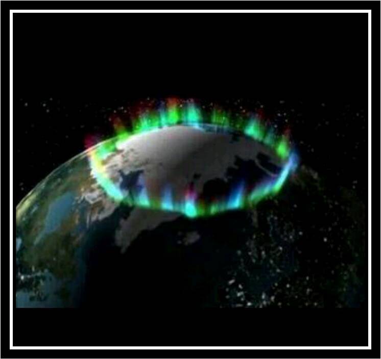 The Arctic Ice Cap inside a ring of northern lights. 